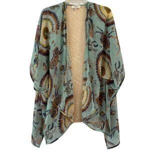 Umgee Boho Kimono Teal Feather Tribal Print Sheer Animal Print Lace S/ M Rustic